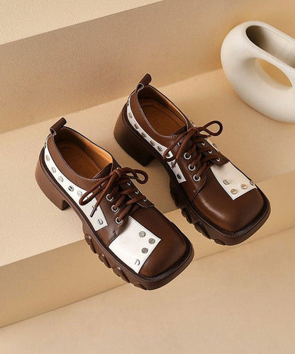 Lace Up Chunky High Heels Brown Cowhide Leather Loafers for