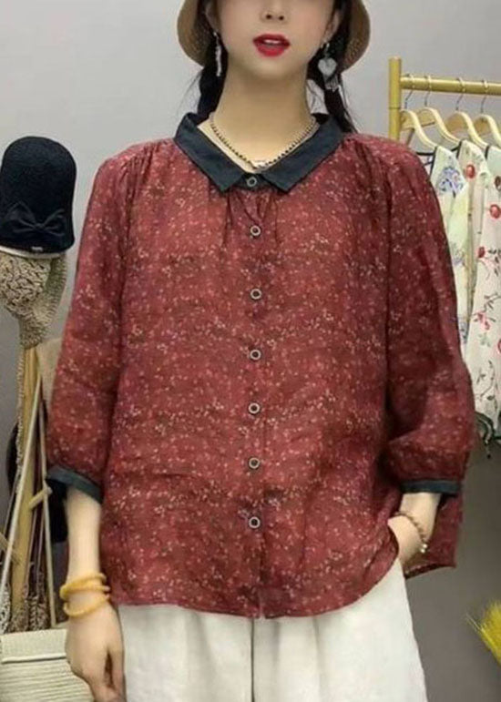Brick Red Peter Pan Collar Print Linen Shirt Tops Summer