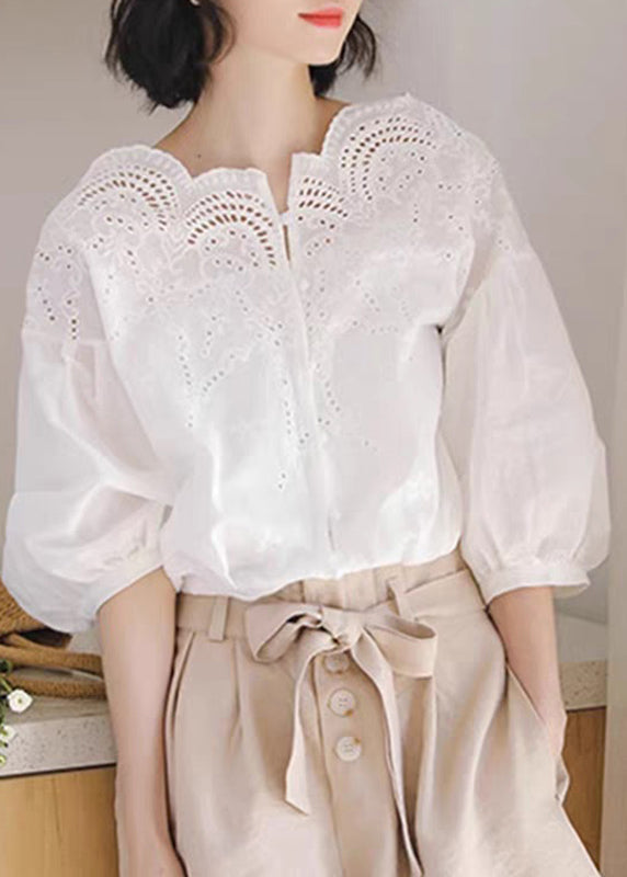 Unique White Hollow Out Shirts Puff Sleeve Summer
