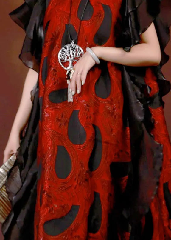 New Red Print Ruffled Patchwork Long Dresses Summer