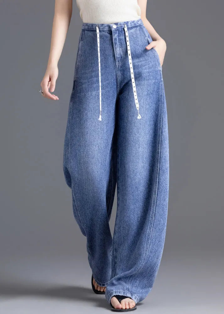 Diy Blue High Waist Drawstring Denim Pants Spring