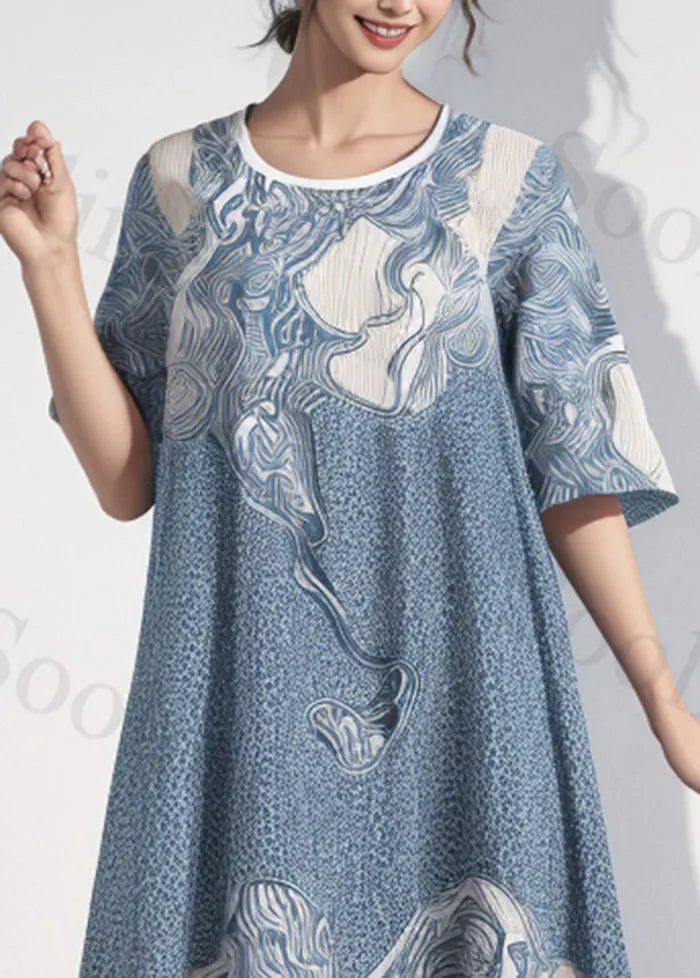 Fitted Blue Oversized Print Cotton Maxi Dresses Summer
