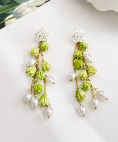 Green Sterling Silver Alloy Pearl Lily of the Valley Tassel Drop Earrings