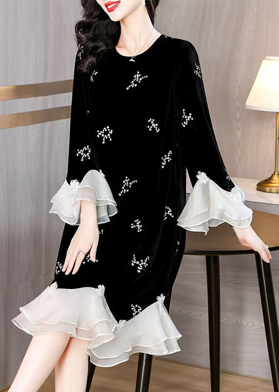 Loose Black Embroidered Patchwork Silk Velour Dress Flare Sleeve Spring