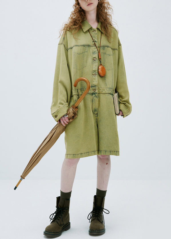 Yellow Green Peter Pan Collar Denim Jumpsuit Long Sleeve