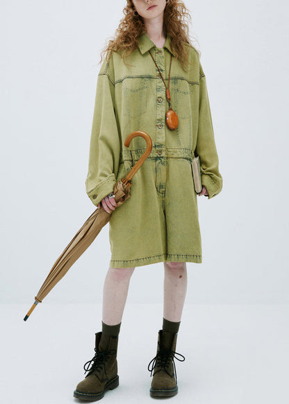 Yellow Green Peter Pan Collar Denim Jumpsuit Long Sleeve