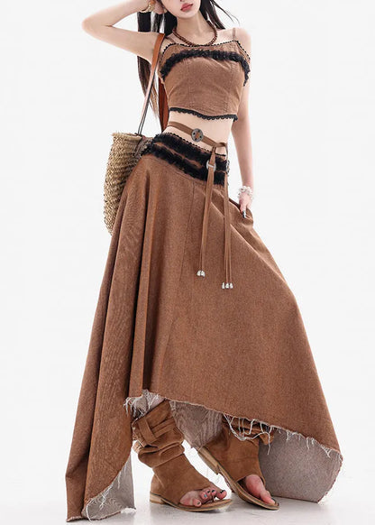 French Coffee Lace Tank and Skirts Denim Two Pieces Set Sleeveless