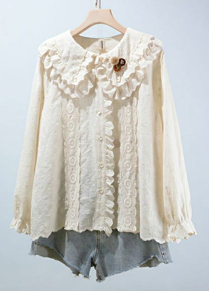 Beige Embroideried Button Cotton Blouses Long Sleeve