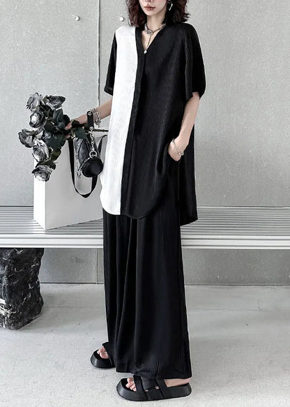 Black V Neck Asymmetrical Patchwork Cotton Two-piece Set Summer