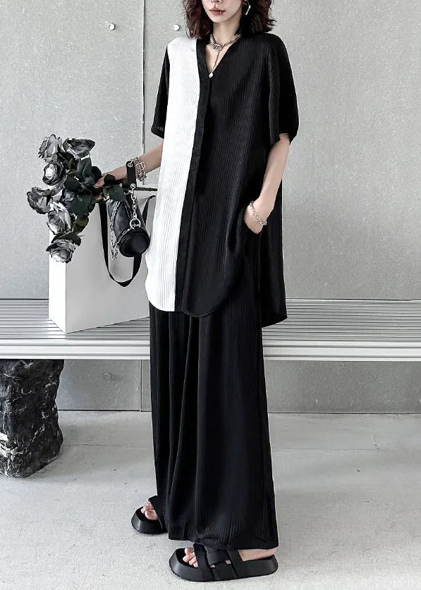 Black V Neck Asymmetrical Patchwork Cotton Two-piece Set Summer