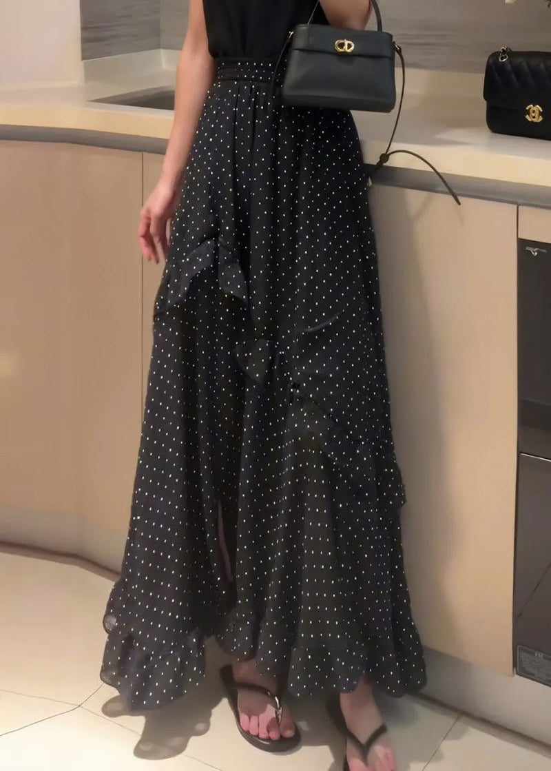 New Black Ruffled Dot Side Open Chiffon Skirt Summer