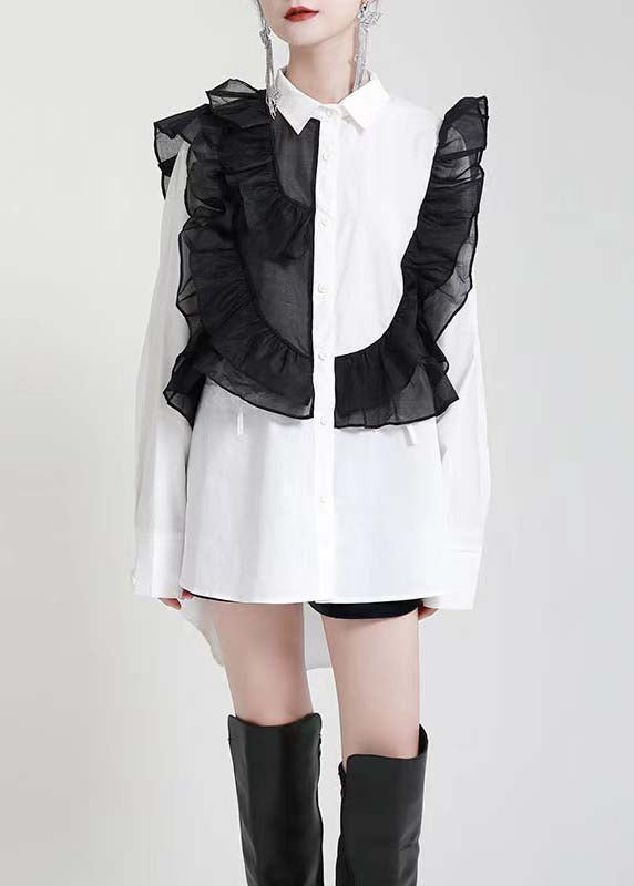 Stylish Black Peterpan Collar Button Ruffles Asymmetrical Design Fall Top Long Sleeve