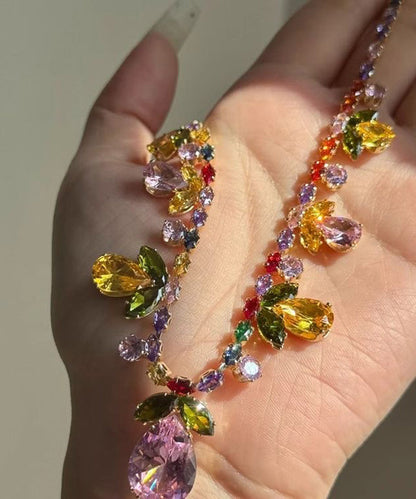 Diy Rainbow Alloy Crystal Leaf Water Droplet Pendant Necklace