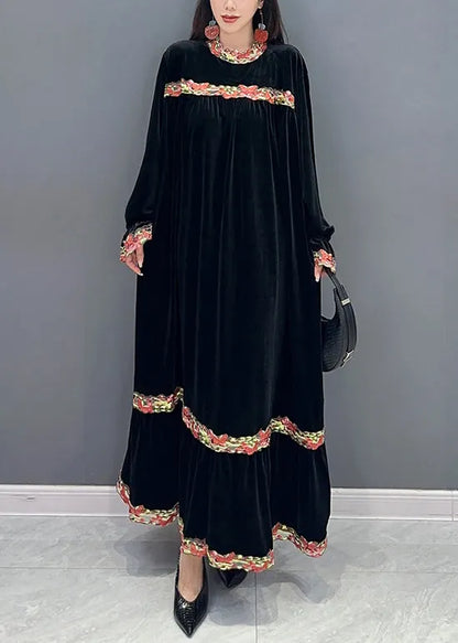 Black Patchwork Silk Velour Stand Collar Long Dress Spring