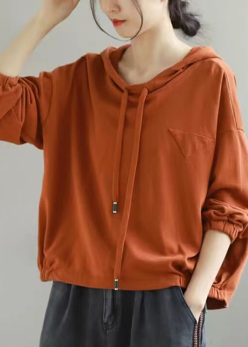 Orange Hooded Lace Up Cotton Sweatshirts Long Sleeve