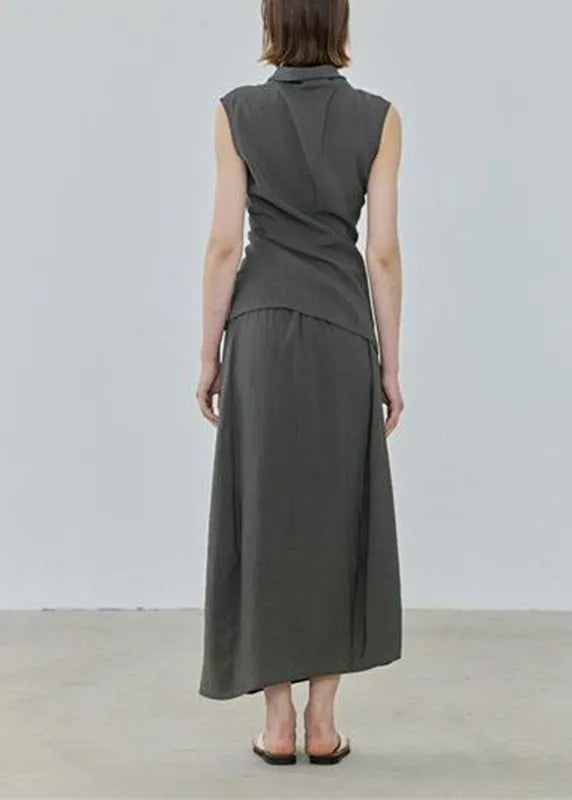 Simple Grey Asymmetrical Top and Maxi Skirts Two Pieces Set Summer