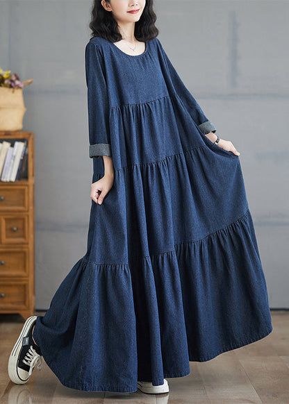 Denim Blue O-neck Wrinkled Patchwork Long Dresses Fall
