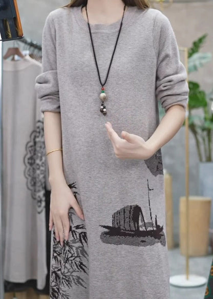 Grey O Neck Print Knit Sweater Dress Winter