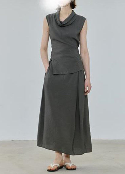 Simple Grey Asymmetrical Top and Maxi Skirts Two Pieces Set Summer