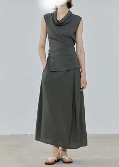 Simple Grey Asymmetrical Top and Maxi Skirts Two Pieces Set Summer