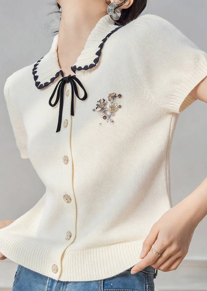 French White Peter Pan Collar Tie Lace Knit Top Short Sleeve Summer