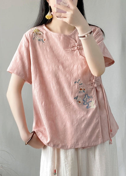 Pink Embroideried Chinese Button Patchwork Linen Top Summer