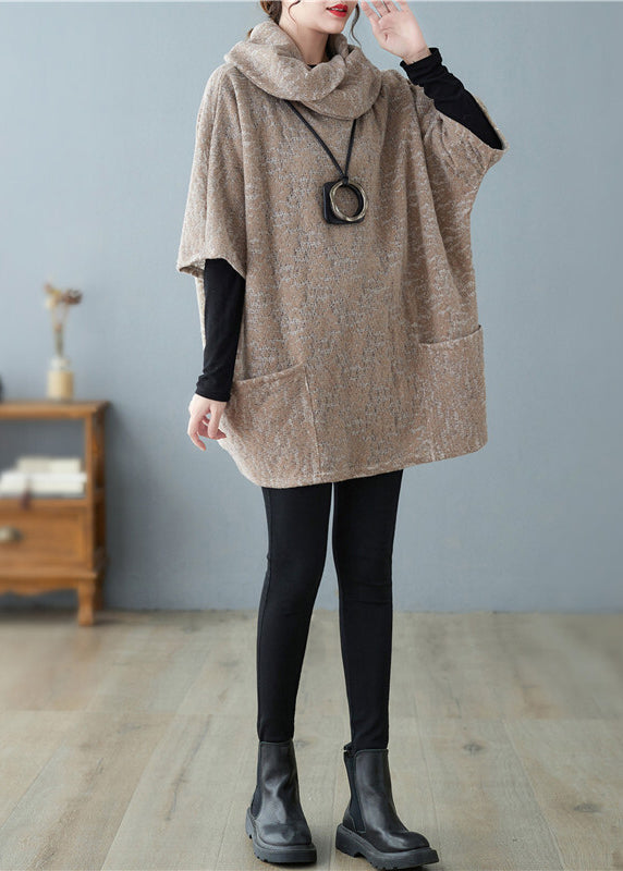 Khaki Turtle Neck Jacquard Woolen Tops Short Sleeve