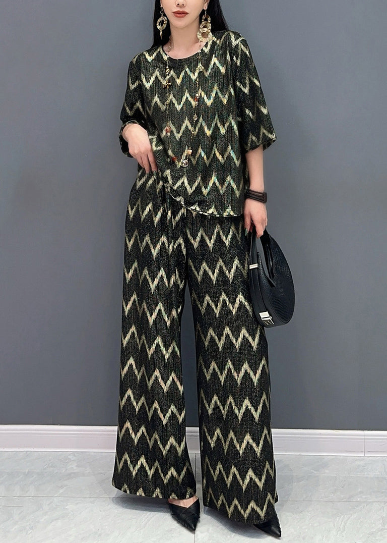Black Gold O-neck Print and Wide Leg Pants T Shirt Two Pieces Set Short Sleeve