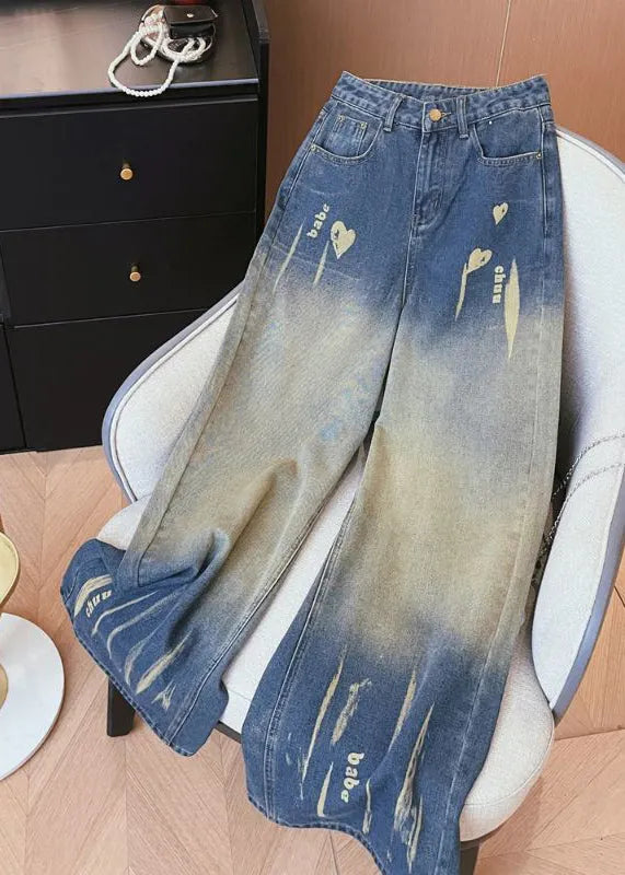 Denim Blue High Waist Pockets Tie Dye Wide Leg Pants Winter