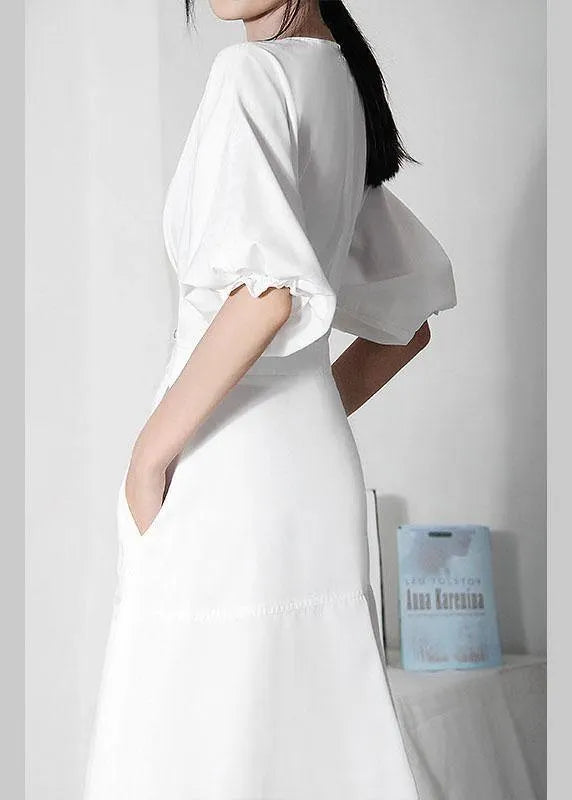 Comfy White V Neck Cotton Lantern Sleeve Summer Dress