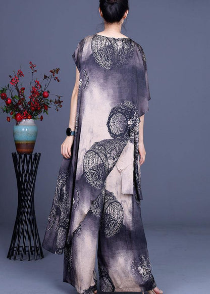 Simple Black Khaki Print Silk Asymmetrical Design Wide Leg Two Pieces Set