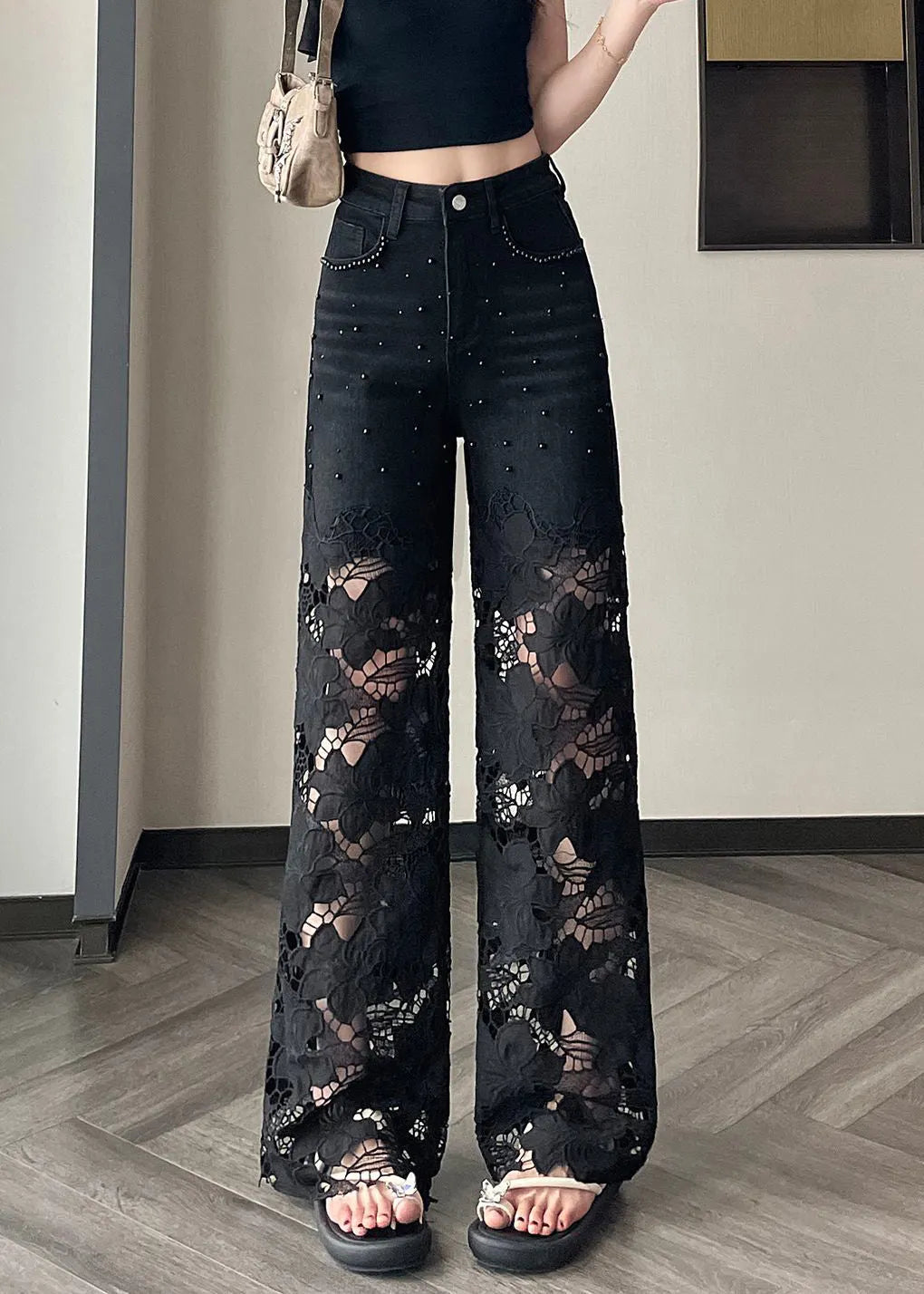 Modern Black Hollow Out Nail Bead Denim Pants Summer