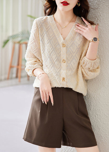 Beige V Neck Letter Cotton Blouses Spring