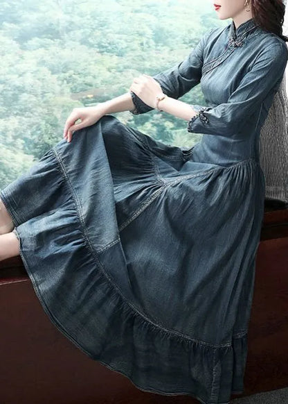 Navy Stand Collar Asymmetrical Design Ruffles Cotton Denim Dresses Long Sleeve