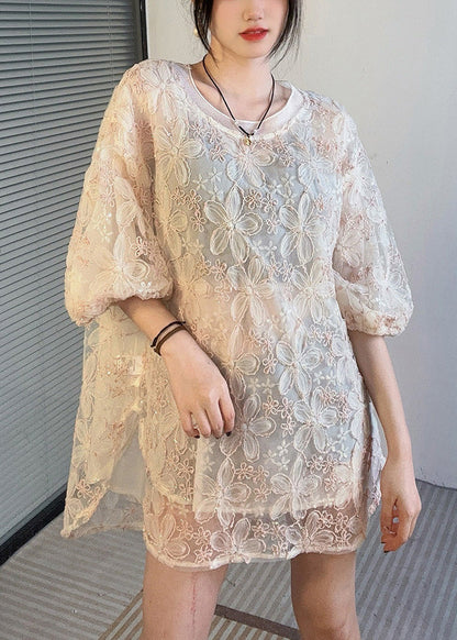 Apricot O-neck Side Open Lace Shirt Half Sleeve