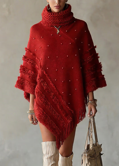 Red Turtleneck Tassel Patchwork Cotton Knit Sweaters Tops Batwing Sleeve