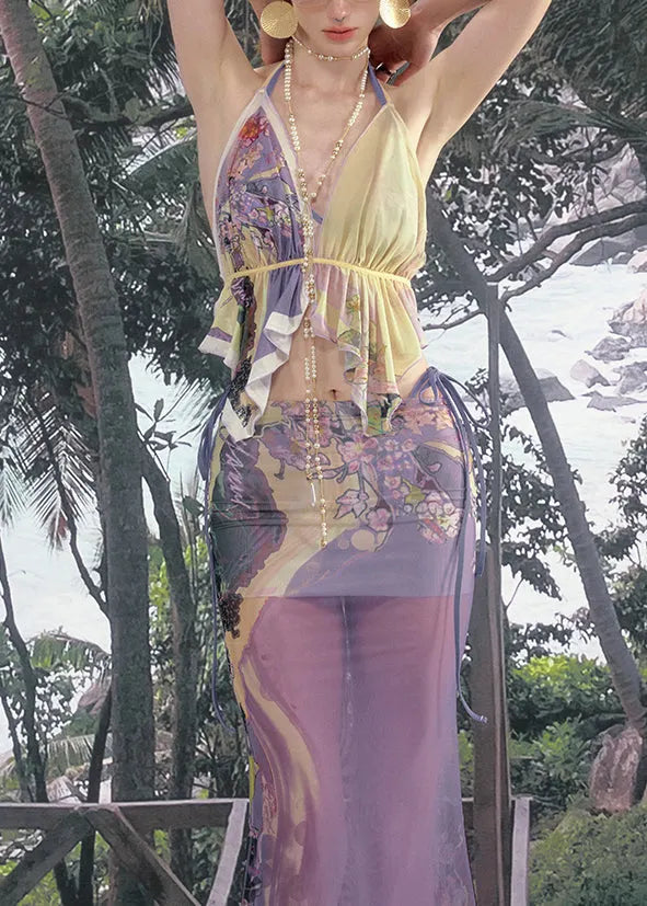 Purple Backless Tank and Skirts Tulle Two-piece Set V Neck Summer
