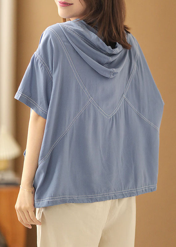Simple Light Blue Drawstring Hooded Cotton Sweatshirt Short Sleeve