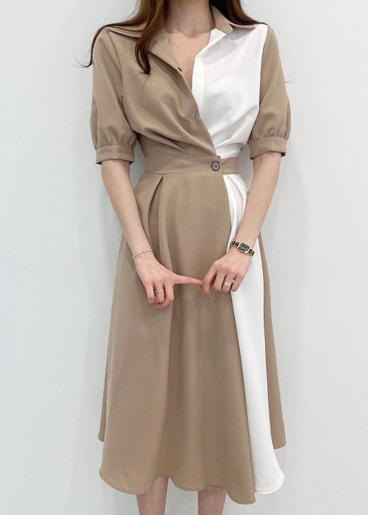 Khaki Peter Pan Collar Patchwork Cotton Dresses Short Sleeve