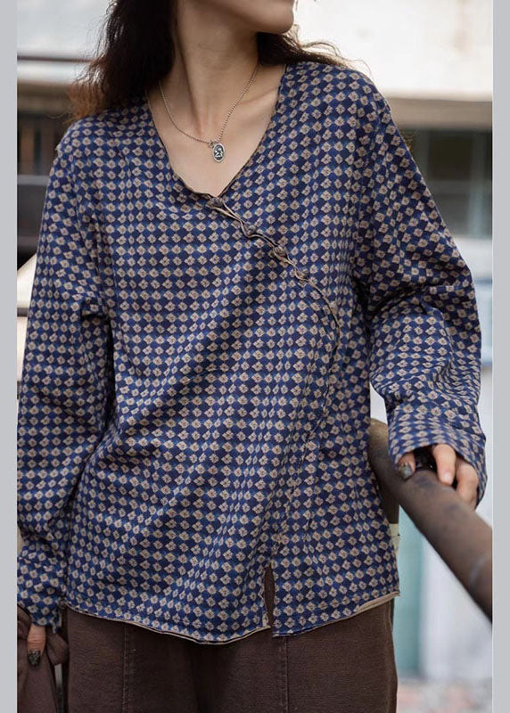 Blue Plaid V Neck Button Drawstring Fall Shirt Tops