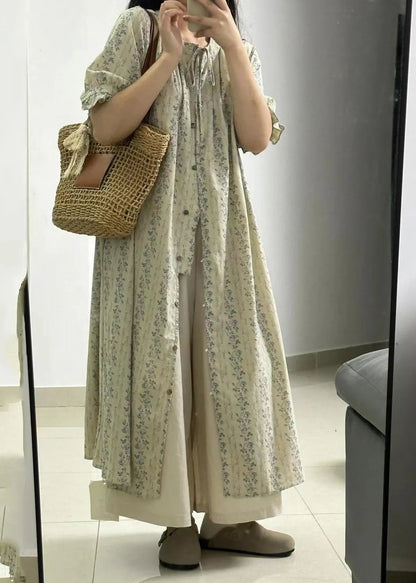 Light Green Print Button Long Shirts Dress and Skirts Two Piece Set Short Sleeve