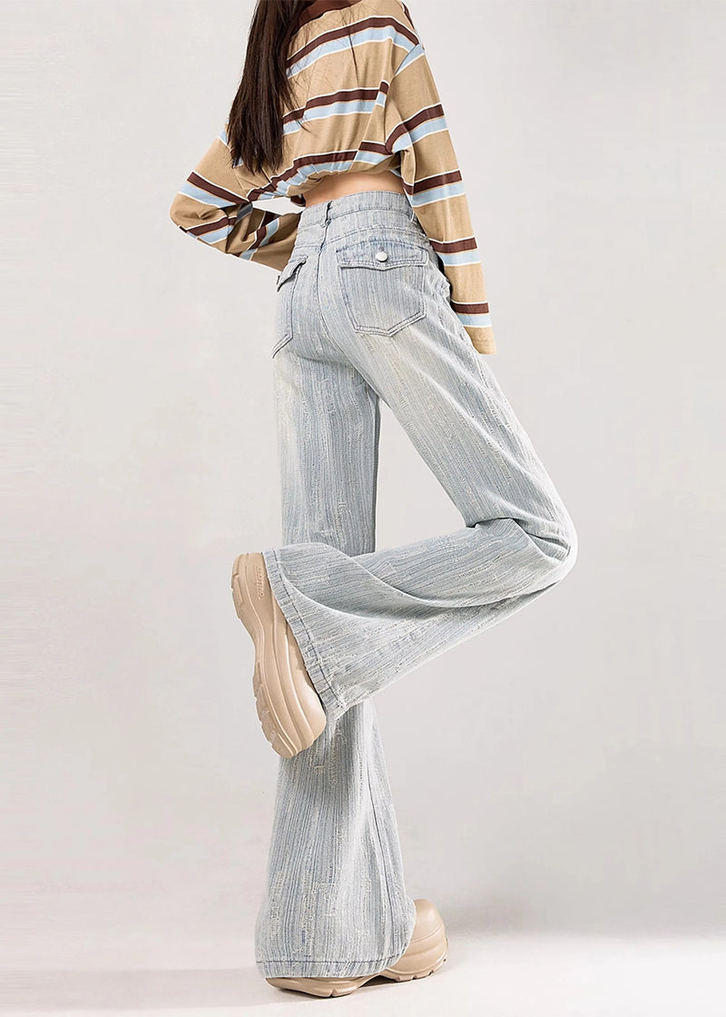 Light Blue Jacquard Striped Denim Flare Bottoms Fall