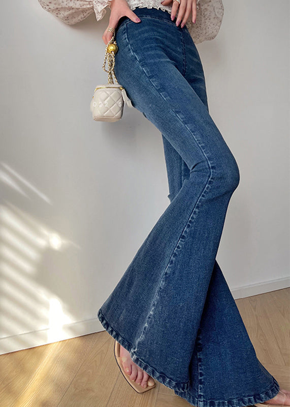 Denim Blue Zippered High Waist Pockets Flares Pants Fall