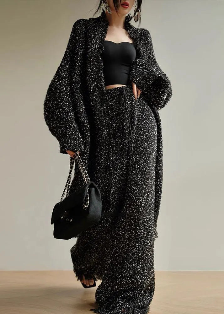 Unique Black Tasseled Tops and Pants Two Pieces Set Fall