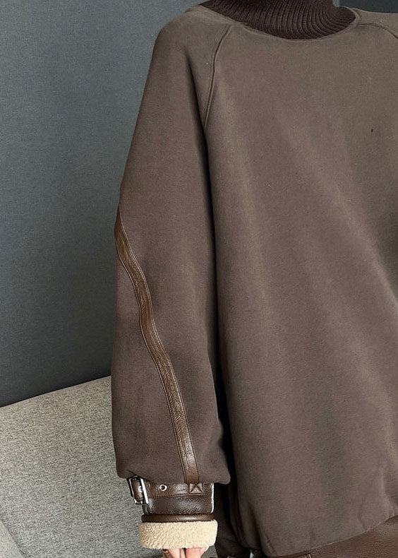 Loose Brown Turtleneck Patchwork Cotton Pullover Fall
