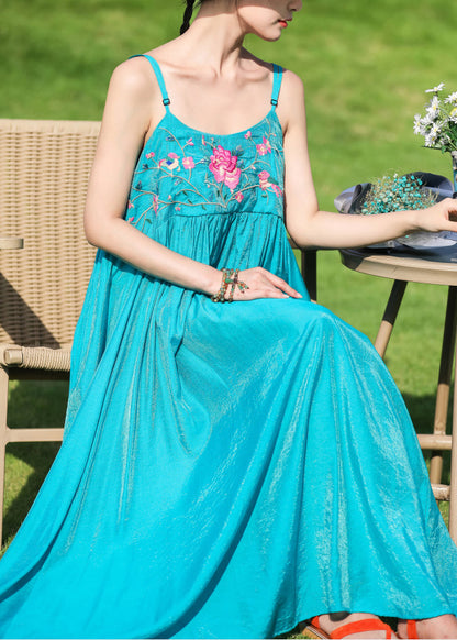 Peacock Blue Embroideried Wrinkled Cotton Spaghetti Strap Dress Summer