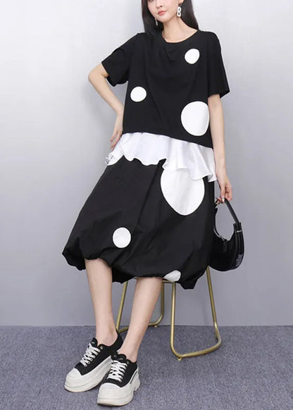 Black O-neck Dot Top and Skirts Two Pieces Set Short Sleeve