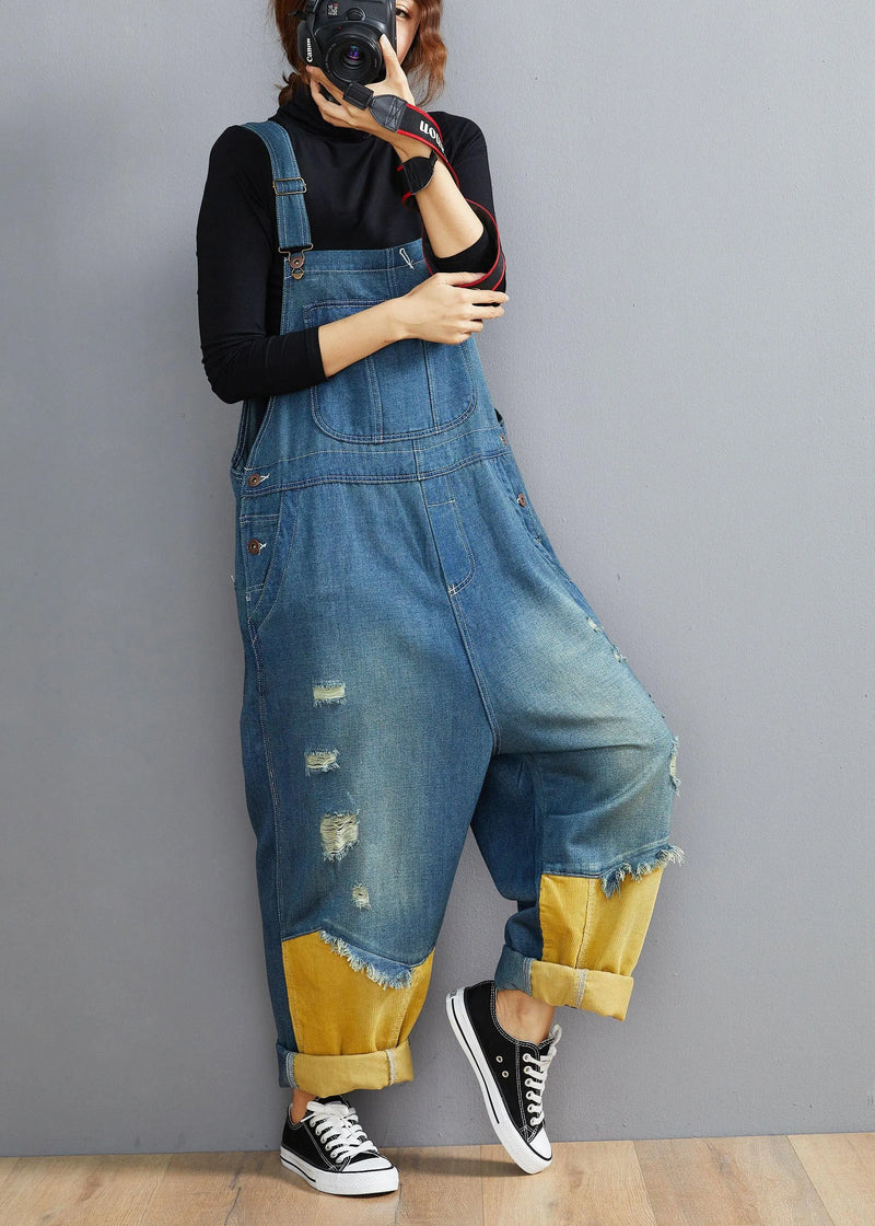 Style Denim Blue Pant Spring Hole Jumpsuit Pants