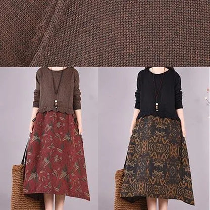 Simple O Neck Spring Quilting Clothes Outfits Black Patchwork Print Maxi Dress