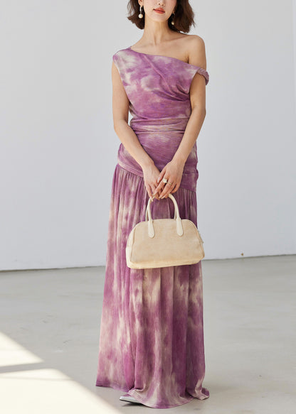 Purple Tie Dye Wrinkled Tulle Two Pieces Set Sleeveless